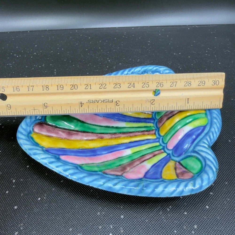 Vintage Enameled Metal Seashell Trinket Dish Multi Color Scallop Shell Tray Dish